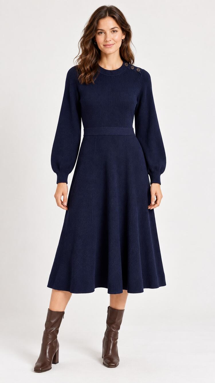 Boden Long Sleeve Button Shoulder Knitted Sweater Dress Navy Womens Size 4R New